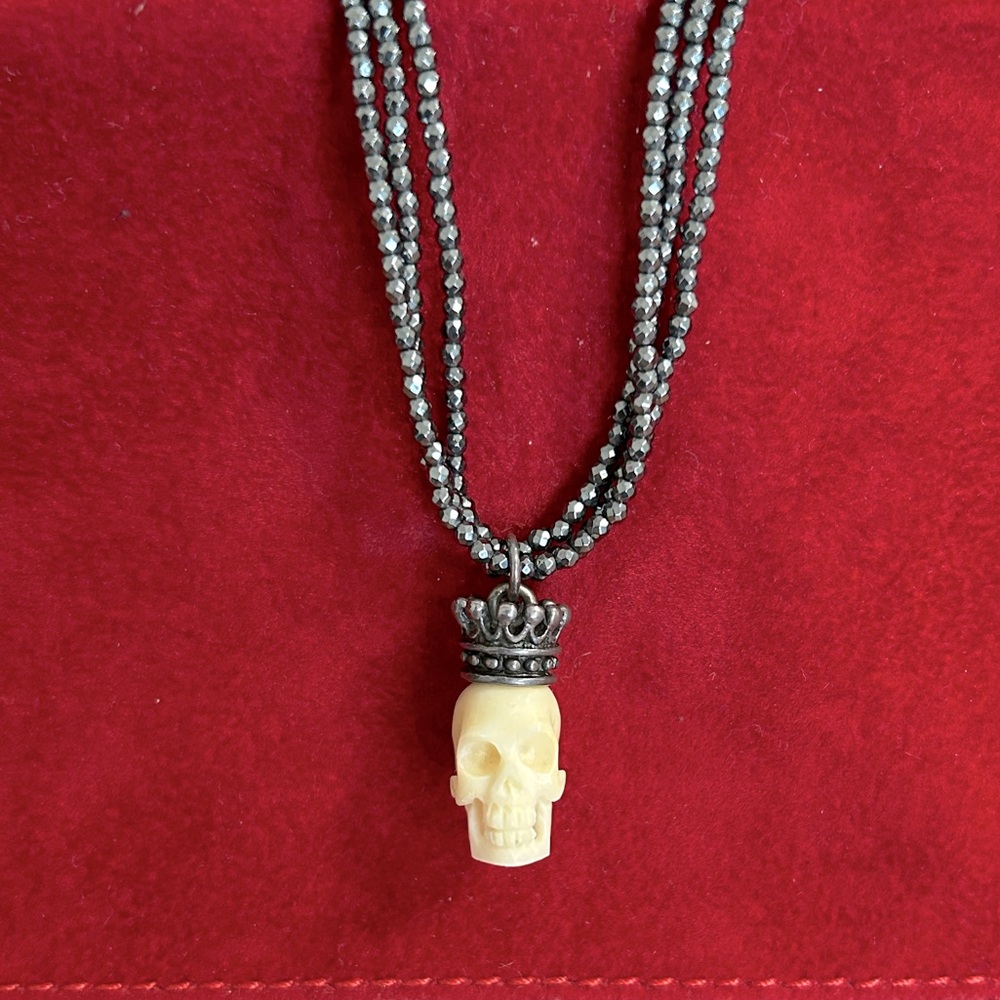 King Baby studio hematite white stone skull necklace with silver crown